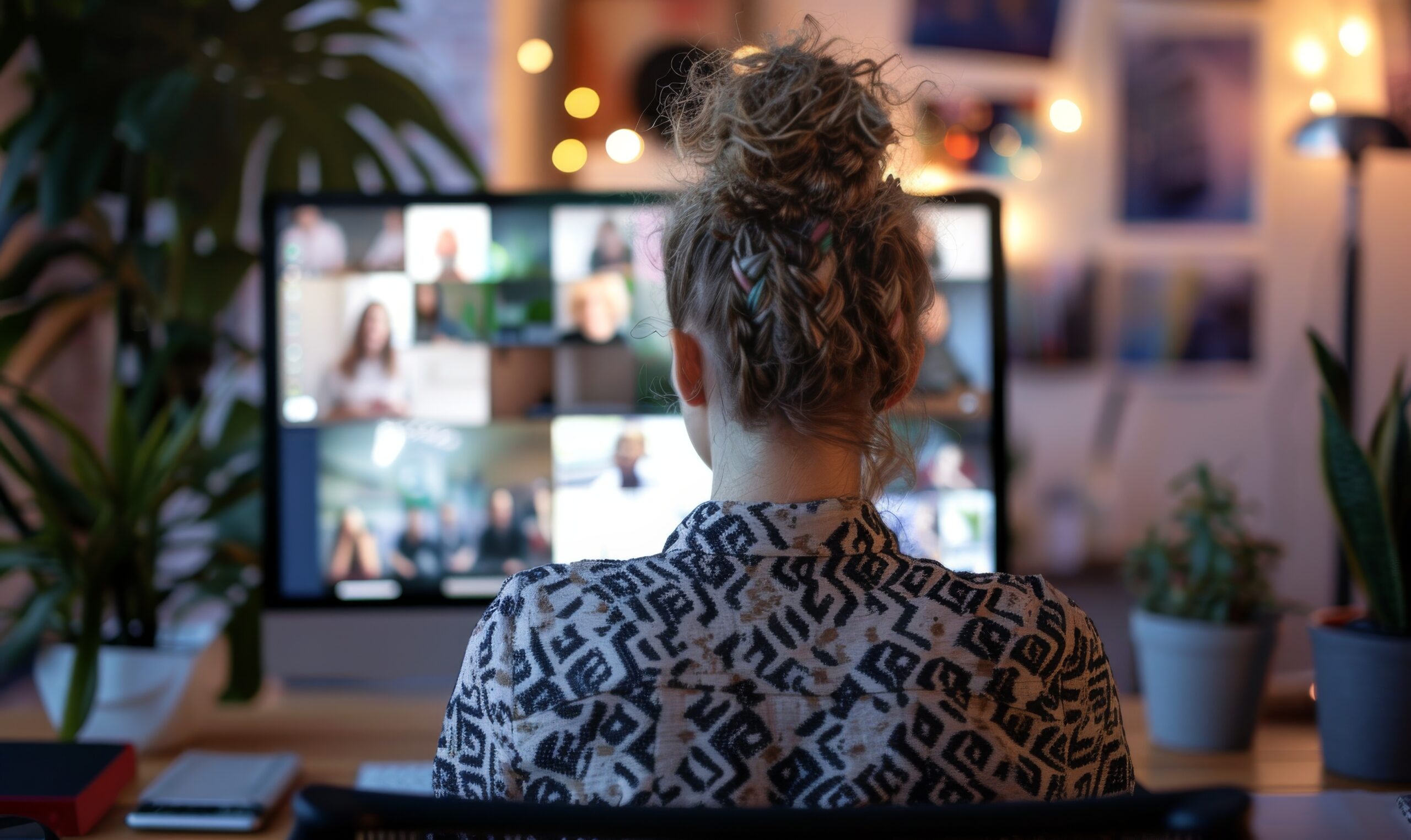 Person sitzt am Schreibtisch und nimmt an einer virtuellen Info-Session über Videokonferenz teil. Unscharfe Teilnehmer auf dem Bildschirm sichtbar.