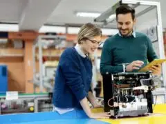 Ein Mann und eine Frau sehen sich das Innenleben eines technischen Gerätes an.