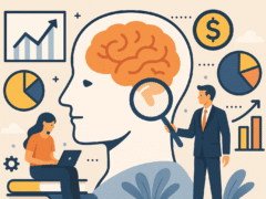 KI-generierte Grafik um das Online-Studium Wirtschaftspsychologie zu illustrieren. Eine Person im Profil mit Blick aufs Gehirn, davor ein Mann im Anzug der sich dieses Gehirn mit einer Lupe anschaut. Auf der anderen Seite eine sitzende Frau mit Laptop, drum herum einige Business-Icons