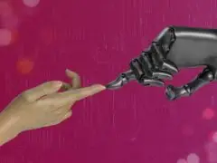 eine menschliche und eine Roboter-Hand berühren sich an den Zeigefingern ähnlich Adam und Gott in der sixtinischen Kapelle.