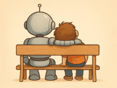 Ein Roboter und ein Kind sitzen auf einer Parkbank, der Roboter hat den Arm um das Kind gelegt, das Kind hat den Kopf an die Schulter des Roboters gelegt. Man sieht die beiden von hinten. KI neues Social Media