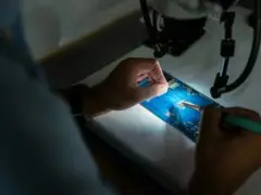 Man sieht einen Blick über die Schulter eeiner PErson, die eine Platine lötet, ein Sinnbild für Technik für Betriebswirte