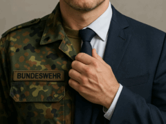 Bild einer Männerbrust halb in Bundeswehr-Uniform, halb im Anzug. Beschreibt Offiziere im MBA