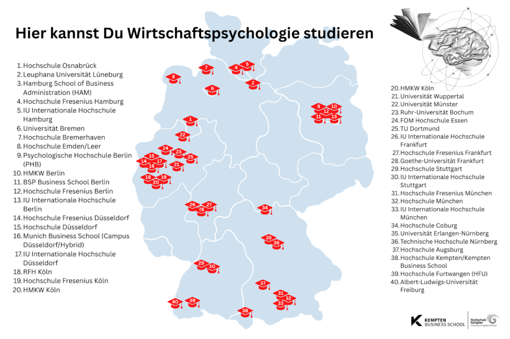 Hier kannst Du Wirtschaftspsychologie studieren, eine Karte von Deutschland in der die Standorte, an denen man Wirtschaftspsychologie studieren kann, eingezeichnet sind, dazu eine Liste der Hochschulen.