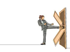 Illustration von einer Frau in Business-Kleidung, die eine Tür eintritt. Women in Leadership. Frau Frauen in Führung