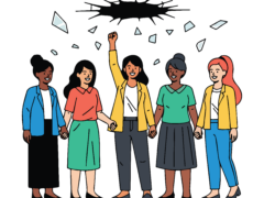 Ein Symbolbild für Frauen im MBA, fünf Frauen verschiedener Ethnien stehen nebeneinander, die mittlere hebt die Faust, um die gläserne Decke über sich zu zerschlagen.