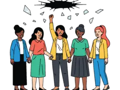 Ein Symbolbild für Frauen im MBA, fünf Frauen verschiedener Ethnien stehen nebeneinander, die mittlere hebt die Faust, um die gläserne Decke über sich zu zerschlagen.