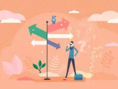 Eine Illustration einer Person, die vor Wegweisern in verschiedene Richtungen steht, um Warum Change-Projekte scheitern zu illustrieren.