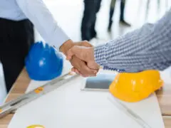 Technologiekompetenz im Management - Techniker und Manager schütteln einander die Hand.