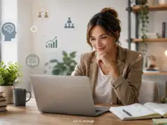 Berufstätige Person studiert online am Laptop mit Symbolen für Psychologie, Lernen und berufliche Entwicklung.