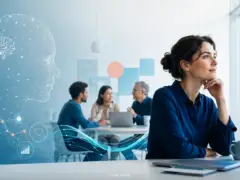 Key Visual zum Thema Wirtschaftspsychologie studieren mit KI, Transformation und menschlicher Zusammenarbeit in modernen Organisationen.