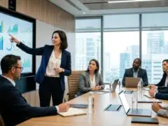 Geschäftsfrau präsentiert Finanzdaten und Analysen einem Team.