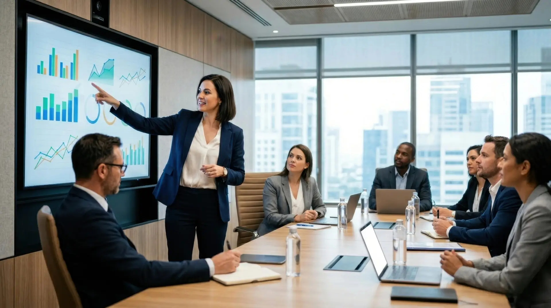 Geschäftsfrau präsentiert Finanzdaten und Analysen einem Team.