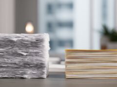 Das Bild zeigt 2 Papier Stapel die nebeneinander liegen, der linke stapel ist sehr unordentolich und unorganisiert höher als der andere und der rechte hingegen organosiert und ordentlich und viel kleiner.