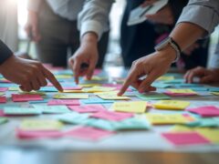 das Bild zeigt zeigt eine dynamische Brainstorming- oder Planungsszene in einer kreativen Arbeitsatmosphäre. Ein großer Tisch ist dicht mit vielen bunten Haftnotizen (Post-its) in den Farben Gelb, Rosa, Blau und Grün beklebt. Um den Tisch herum stehen mehrere Personen im Business-Outfit, von denen nur die Arme, Hände und Oberkörper zu sehen sind. Die Szene ist im Querformat und aus einer flachen Perspektive direkt auf Tischhöhe fotografiert. Mehrere Hände zeigen gleichzeitig aus verschiedenen Richtungen auf bestimmte Notizzettel, um Ideen zu diskutieren oder Aufgaben zu sortieren. Eine Person im Vordergrund trägt eine auffällige Smartwatch am Handgelenk. Durch den gezielten Einsatz von Unschärfe im Vorder- und Hintergrund liegt der Fokus ganz auf der gemeinsamen Interaktion und den Zetteln in der Mitte des Tisches, was Teamarbeit, Agilität und Ideenfindung symbolisiert.