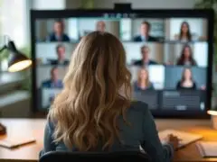 Das Bild zeigt eine Frau mit langen, blonden Wellen von hinten, die an einem Holzschreibtisch vor einem großen Bildschirm sitzt. Auf dem Monitor ist eine Online-Konferenz mit mehreren Kacheln zugeschalteter Personen zu sehen. Die Arbeitsumgebung wirkt durch eine eingeschaltete Schreibtischlampe und dezente Zimmerpflanzen im Hintergrund ruhig, konzentriert und gemütlich – ein klassisches Motiv für Themen wie Homeoffice, Remote Work oder virtuelle Meetings.