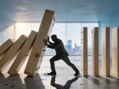 DAs Bild zeigt eine eindrucksvolle, metaphorische Szene zum Thema Risikomanagement, Krisenintervention und Ursachenbekämpfung. In der Mitte stemmt sich ein Geschäftsmann im Anzug mit voller Kraft gegen einen riesigen Dominostein aus Holz, um das Umkippen einer ganzen Kettenreaktion zu stoppen. Links von ihm sind bereits mehrere übergroße Dominosteine nachgegeben, während die Steine auf der rechten Seite noch aufrecht stehen. Die Szene ist in einem hellen, modernen Raum mit großer Fensterfront und Blick auf eine Skyline inszeniert. Das Motiv steht sinnbildlich dafür, eine drohende Eskalation rechtzeitig abzuwenden, Verantwortung in Krisenmomenten zu übernehmen und Folgeschäden zu verhindern.