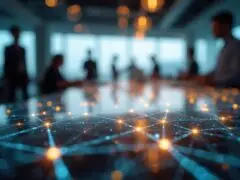 Das Bild zeigt eine moderne Corporate-Szenerie im Breitbildformat mit starker Tiefenschärfe. Im Fokus steht eine glänzende Tischoberfläche, über die ein leuchtendes, blau-goldenes digitales Netzwerkmuster aus Knotenpunkten und Verbindungslinien verläuft. Im stark verschwommenen Hintergrund befinden sich Silhouetten mehrerer Personen in Business-Kleidung, die in einem stilvollen Büro mit großer Fensterfront zusammenarbeiten. Das Motiv symbolisiert Themen wie digitale Transformation, Vernetzung, datenbasierte Entscheidungen und die Zukunft der Arbeit.