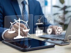 Das Bild zeigt eine Szene zum Thema Recht, Compliance oder juristische Technologie: Im Hintergrund sitzt eine Person in einem dunkelblauen Anzug, weißem Hemd und gestreifter Krawatte an einem modernen Holzschreibtisch. Sie hält in der rechten Hand einen Eingabestift über ein flach auf dem Tisch liegendes Tablet. Daneben stehen ein geöffneter Laptop, ein Smartphone sowie eine weiße Kaffeetasse. Über der Szene sind leuchtend weiße, digitale Symbole als Grafiken eingeblendet: * Im Vordergrund dominiert eine große **Waage der Gerechtigkeit**. * Dahinter reihen sich weitere kleine Icons auf, darunter ein **Richterhammer**, ein **Aktenkoffer**, ein **Paragrafen- bzw. Urkunden-Dokument**, ein **Schutzschild mit Stern** sowie zwei **Hände, die sich im Zahnrad zum Handschlag reichen**. Das Motiv vermittelt eine hochprofessionelle, digitale Atmosphäre rund um die Themen Rechtspflege, Unternehmensrecht, Verträge.