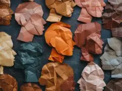Das Bild zeigt ein Mosaik aus zahlreichen Profilen von Menschenköpfen, die aus zerknittertem Papier ausgeschnitten und auf einem dunklen Hintergrund angeordnet sind. JPG Die einzelnen Papierköpfe blicken alle im Profil nach links oder rechts und unterscheiden sich in ihren Formen sowie Farbnuancen. Die Farbpalette reicht von verschiedenen Braun-, Beige- und Terrakottatönen über Ocker und Hellrosa bis hin zu dunklem Grau-Blau. Durch die zerknitterte Papierstruktur entstehen Schatten und Lichtreflexe, die den Köpfen Plastizität verleihen. JPG + 2 Das Motiv wirkt kunstvoll und steht symbolisch für Themen wie menschliche Vielfalt (Diversität), Gemeinschaft, unterschiedliche Perspektiven, Inklusion oder Identität.